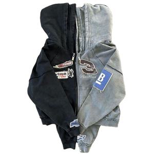 Sweat à capuche avec point réversible personnalisé Applique en détresse Broderie Stone Wash Sweat à capuche double à capuche surdimensionné avec fermeture éclair - Product Image 4