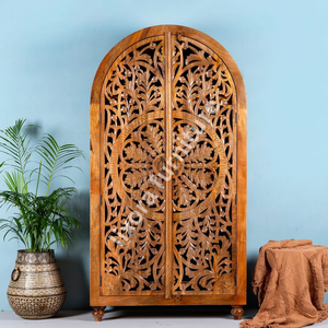 Luxury Handcrafted Solid Wood Arched 2 Door <b>Wardrobe</b> Ornate Mandala Leaf Carving Honey Oak Finish - Product Image 5