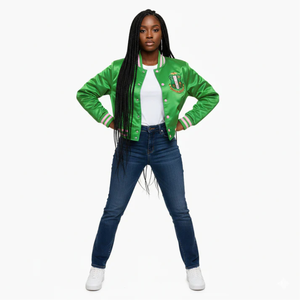 AKA Green Satin Cropped Varsity Jacket with Pink & White Rib Trim Embroidered Sorority Bomber Outerwear Women - Product Image 1