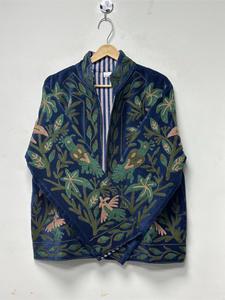 Handmade Blue <b>Velvet</b> Floral Embroidered Suzani Jacket Full Sleeve Stand Collar Bohemian <b>Women's</b> Winter <b>Coat</b> - Product Image 6