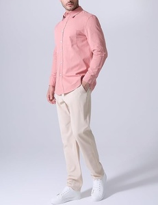 Chemise boutonnée en coton rose pour homme, manches longues, col rabattu, couleur unie, avec poches, coupe classique, toutes saisons, haut décontracté - Product Image 1