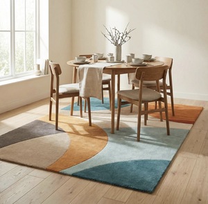 Abstract Geometric Wool Area <b>Rug</b> Modern Curved Design Carpet Latex Backing Mid Century Style Color Block <b>Rug</b> for Living Room - Product Image 6