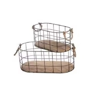 Ensemble de deux paniers en fil de fer robuste avec poignée en corde, noir mat, avec petite base en bois, panier à fruits et légumes, fournisseur - Product Image 1