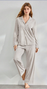 Ensemble pyjama en satin beige pour femmes, manches longues, col cranté, boutons, pantalon uni longueur cheville, vêtements de détente, 2 pièces - Product Image 5