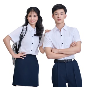 Chemise à manches courtes blanche unisexe pour étudiants, en tissu extensible tissé, pour l'école primaire, style vietnamien FMF (Bleu marine) – En stock - Product Image 1