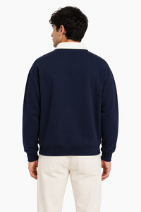 <span class=keywords><strong>Felpa</strong></span> Premium da Uomo Blu Navy con Colletto a <span class=keywords><strong>Polo</strong></span>, Manica Lunga, Pullover Casual in Misto Cotone con Colletto Bianco a Contrasto - Product Image 3