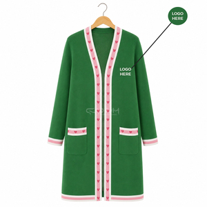 Cosh International - Cárdigan Largo de Punto Verde Acrílico con Adorno de Corazón Rosa, Cuello en V, Manga Larga, Informal, para Mujer - Product Image 1