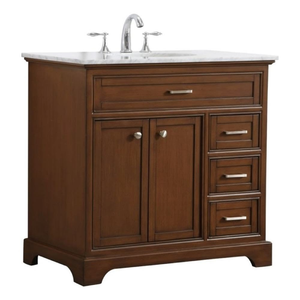 Meuble de salle de bain classique en teck avec plan de travail en marbre, lavabo encastré, 2 portes et 3 tiroirs latéraux - Product Image 1