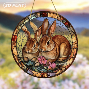 CIFbuy Decorazione da appendere alla finestra in acrilico effetto vetro colorato floreale con due conigli per giardino, portico, TikTok, per servizio di ritiro Temu - Product Image 1