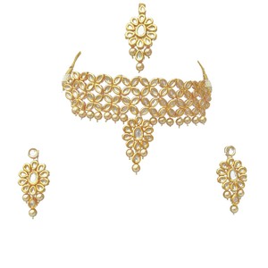 Luxury Brass Alloy Zircon Kundan Choker Necklace Stud Earrings Set Traditional Indian Bridal Engagement Wedding Party Shiny - Product Image 3
