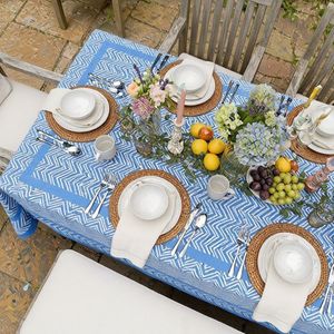 Chevron Blue Hand Block Printed <b>Tablecloth</b> 180x270cm Handmade Designer 100% Cotton Dining Table Cover Home Decor Style - Product Image 5