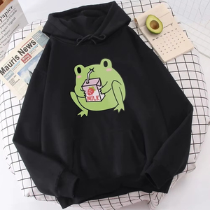 Sweat-shirt à capuche pour femme, imprimé mignon fraise lait grenouille, tendance professionnelle, décontracté, en polaire douce pour l'automne - Product Image 1
