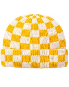 Gorro de punto personalizado con diseño de tablero de ajedrez amarillo y blanco, gorro de invierno cálido con puño, gorro de punto acrílico suave, unisex, estilo urbano. - Product Image 1