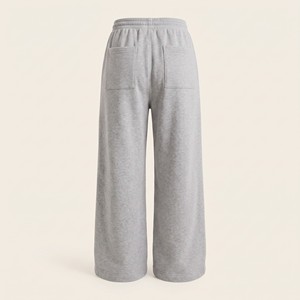 Pantalon taille haute à jambe large et droite, couleur unie, en coton éponge, coupe ample, longueur intégrale, plissé, décontracté, gris automne, élastique, haute qualité - Product Image 4