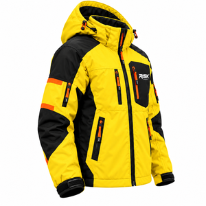 Veste de ski en coton tissé jaune et noir pour femme, manteau d'hiver à capuche pour sports de neige avec poches zippées et logo frontal - Product Image 2