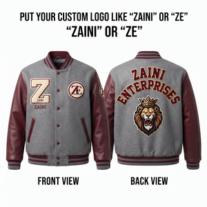 เสื้อแจ็คเก็ตวาร์ซิตี้ ZAINI พรีเมียม ผสมขนสัตว์ 450 GSM สีเบจ-ดำ แต่งขอบถักแบบริบ  โลโก้เชนีลแบบกำหนดเองด้านหน้า/ด้านหลัง กันลม คอตั้ง - Product Image 1