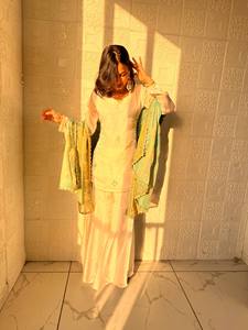 Women White <b>Kurti</b> Sharara Set with Red Dupatta – Elegant Embroidered Festive Wear Palazzo Suit for Wedding & Party - Product Image 4