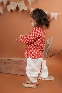Kurta en coton rouge imprimé avec dhoti pour garçons-T-Redbootykurta - Product Image 2