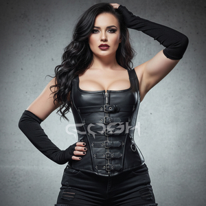 Genuine Black Leather Buckle <b>Corset</b> Top <b>Gothic</b> Overbust Waist Cincher <b>Corset</b> with Front Zipper and Adjustable Straps - Product Image 5