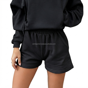 Shorts en molleton de coton noir pour femmes, taille élastique, coupe ample, style décontracté, couleur unie, respirant, tricoté, pour le jogging - Product Image 6