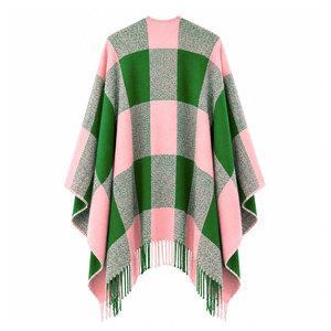 Alfa |   Kapa |   Chal tipo capa a cuadros verde y rosa para mujer de Alpha Sorority, cárdigan informal 100% acrílico, bufanda cálida para uso diario en invierno - Product Image 5