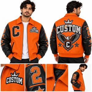 OEM High Luxury Men's Lambskin Leather Autumn Varsity <b>Jacket</b> Standard <b>Rhinestone</b> Embroidery Patch Applique Patchwork High Street - Product Image 3