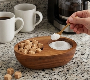 Bol de service élégant en bois à double compartiment avec deux cuillères, outil pour herbes et épices, accessoires de cuisine durables - Product Image 4
