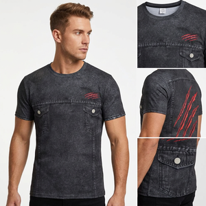 Camiseta de estilo vaquero para hombre, manga corta, cuello redondo, estampado de garra, corte regular informal, 100% algodón, transpirable, de Bangladesh - Product Image 2