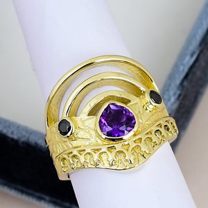 Solid 925 Sterling Silver Amethyst Cocktail <b>Ring</b> Bezel Set Gold Plated Geometric Band <b>Crown</b> Shape Heart Cut Gemstone Men <b>Ring</b> - Product Image 3