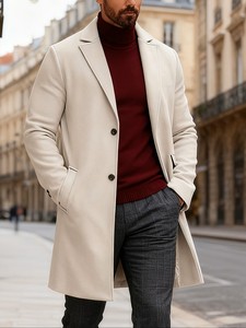 Manteau long en laine pour homme, col à revers, simple boutonnage, coupe ajustée, beige clair, réversible laine/polyester, épais et chaud pour l'hiver - Product Image 4