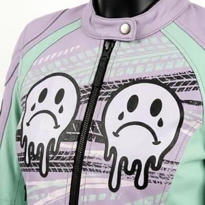 Women Pastel Goth Drift Racing Leather Jacket <b>Purple</b> Mint Green Crying Face Evil Bear Biker Outerwear - Product Image 6