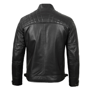 <b>Men's</b> Genuine Leather Moto <b>Jacket</b> Slim Fit Stand Collar Zipper Closure Windproof Black Moto Biker Style At Factory Price - Product Image 3