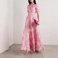 Gaun kemeja maxi wanita satin rajutan renda warna pink elegan, lengan mengembung, kancing depan, berikat pinggang, pinggang tinggi, kasual sehari-hari