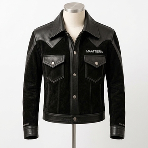 Chaqueta de Cuero y Gamuza Negra para Hombre, Estilo Camisa con Botones a Presión, Múltiples Bolsillos, Fabricante Mayorista Personalizado OEM ODM - Product Image 3