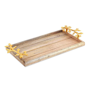 Best Selling Home Kitchenware <b>Tray</b> Vintage Design Solid Natural Wood Serving <b>Tray</b> With Floral Metal Handles Food Serving <b>Tray</b> - Product Image 2