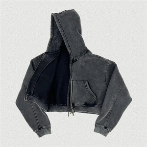 Oversized Crop <b>Hoodie</b> Solid Color <b>Zip</b>-Up Front <b>Pocket</b> Unisex Casual <b>Hoodie</b> Cotton French Terry Washed Autumn and Winter Style - Product Image 4