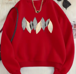 เสื้อสเวตเชิ้ตโอเวอร์ไซส์ผ้าคอตตอนผสมถักทรงคอกลมสำหรับผู้หญิง สีแดง ยี่ห้อ Hardihood International  ปักลายใบไม้เรขาคณิต - Product Image 1