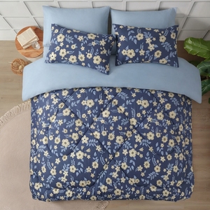 Juego de Edredón con Estampado Floral, Reversible, Patrón Azul y Blanco, Cosido, 100% Algodón T-150, Transpirable para Todas las Estaciones, Uso Doméstico - Product Image 2