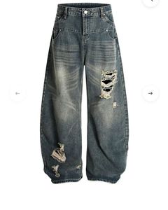 Jeans de mezclilla desgastados para hombre, talla grande, corte holgado, cintura media, pierna ancha, con bolsillos de parche, estilo casual urbano - Product Image 2