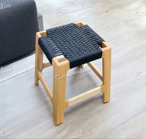 Tabouret moderne en bois noir avec pieds en bois et corde tressée, repose-pieds fait main style ferme pour salon et maison - Product Image 5