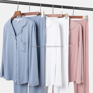 Usine personnalisé personnalisé dentelle pyjamas rayure côtes à manches longues ensemble doux vêtements de salon pyjamas tricot coton femmes vêtements de nuit - Product Image 1