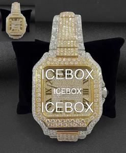 Montre-bracelet carrée pour homme en acier inoxydable avec cadran en verre, entièrement sertie de diamants Moissanite, fermoir bracelet, étanche 10 bars - Product Image 4