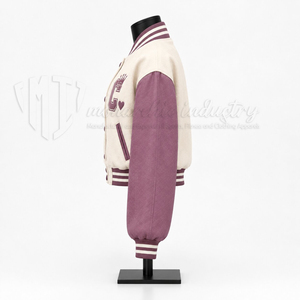 <b>Women</b>’s and Burgundy Cropped Varsity <b>Jacket</b> With Crown Letter Embroidery <b>Leather</b> Sleeves Letterman <b>Bomber</b> <b>Jacket</b> - Product Image 4