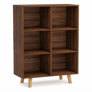 Bibliothèque ouverte à 6 cubes, étagère à livres en bois à 3 niveaux avec pieds et panneau arrière, noyer - Product Image 1