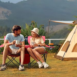 Sedia Pieghevole Portatile da Esterno a 2 Posti con Ombrellone Rosso Rimovibile in Materiale Oxford per Campeggio, Pesca o Uso in Spiaggia - Product Image 3