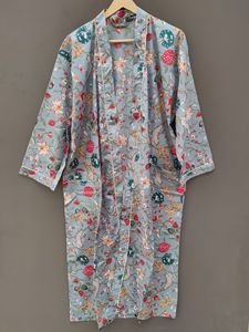 Bata de algodón floral para mujer, de longitud completa, manga tres cuartos, cuello con abertura, estampada, ropa de dormir informal con cinturón - Product Image 4