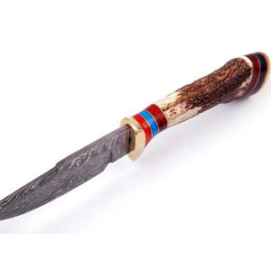 Couteau de chasse à lame fixe en acier Damas, pointe tombante, manche vert, couteau de survie pour l'extérieur avec étui en cuir - Product Image 4