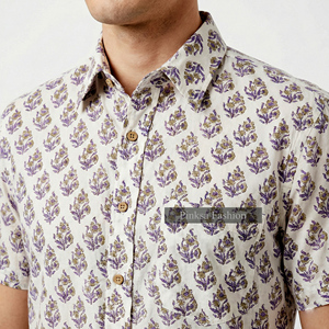 Chemise à manches courtes pour homme en coton 100% Sanganeri, imprimé à la main, motif floral violet, vêtements décontractés, vente en gros - Product Image 4