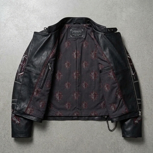 Chaqueta de Motociclista de Cuero con Cuello Alto, Diseño de Escudo Bordado, Detalle de Cadena, Estilo Motero, para Hombre, Otoño - Product Image 5