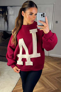 Sweat-shirt col rond pour femme bordeaux, grande taille, avec appliqué lettre LA crème, manches lanternes, en mélange de coton - Product Image 5